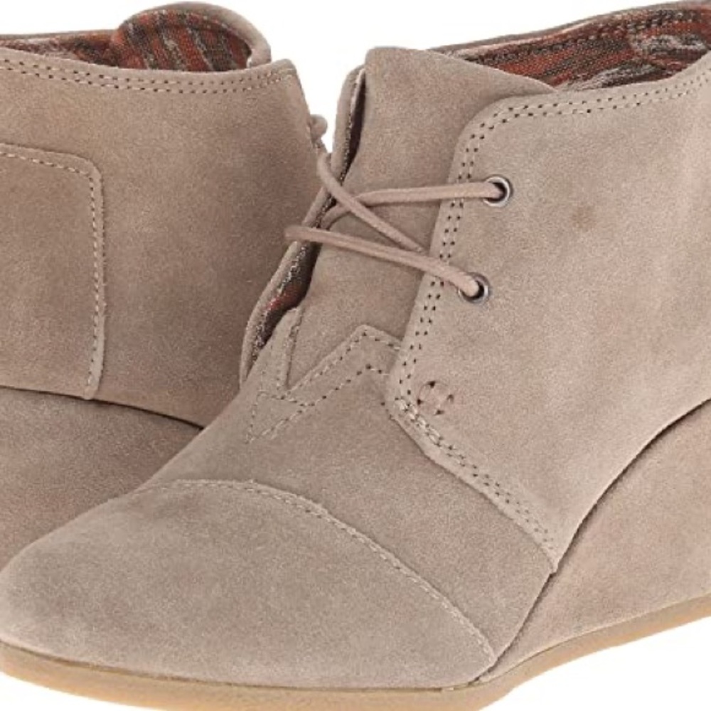 Toms Taupe Suede Lace-Up Wedge Booties
